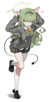 1girl absurdres alternate_costume black_hairband black_shoes black_skirt blue_archive bow bowtie collared_shirt commentary full_body green_hair hair_between_eyes hairband halo hands_up hashtag-only_commentary highres hikari_(blue_archive) huu_(dighapdlxm12) kneehighs loafers long_hair looking_at_viewer parted_lips pointy_ears shirt shoes simple_background skirt socks solo standing standing_on_one_leg symbol-only_commentary tail white_background white_socks yellow_bow yellow_bowtie yellow_eyes