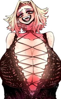 1girl bare_shoulders black_nightgown blonde_hair blush breasts breath cleavage collarbone dress gigantic_breasts haibara_tatsumi haiena_chan_ni_nerawarete heavy_breathing highres huge_breasts lace-trimmed_nightgown large_breasts lingerie looking_at_viewer mature_female navel nightgown open_mouth pink_eyes short_hair simple_background slit_pupils smile solo steam steaming_body sweat tall_female teeth underwear underwear_only zyugoya