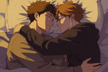 2boys absurdres arm_around_shoulder bed black_hoodie blue_eyes brown_eyes brown_hair closed_mouth commentary english_commentary from_above grey_shirt haikyuu!! hand_on_another's_back highres hood hood_down hoodie iwaizumi_hajime long_sleeves lying male_focus multiple_boys oikawa_tooru_(haikyuu!!) on_side parted_bangs pillow profile shirt short_hair smile under_covers upper_body yaoi yokomiro_chan