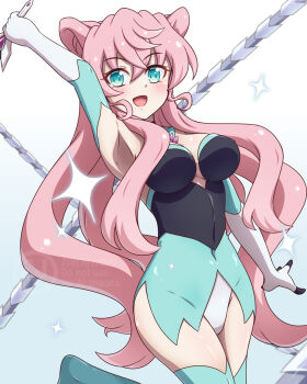 1girl blush breasts cleavage gloves green_eyes hair_between_eyes highres holding holding_sword holding_weapon large_breasts long_hair looking_at_viewer maria_cadenzavna_eve open_mouth pink_hair senki_zesshou_symphogear simple_background smile solo sword very_long_hair weapon whip_sword yosuzu