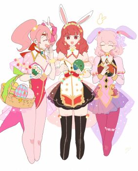 3girls alternate_costume animal_ears basket black_thighhighs blunt_bangs celica_(fire_emblem) closed_eyes closed_mouth easter_egg egg fake_animal_ears fire_emblem fire_emblem_echoes:_shadows_of_valentia fire_emblem_heroes genny_(fire_emblem) highres holding holding_basket holding_paintbrush mae_(fire_emblem) mae_(spring)_(fire_emblem) multiple_girls nintendo official_alternate_costume open_mouth orange_eyes orange_hair paintbrush pantyhose pink_hair playboy_bunny rabbit_ears sasaki_(dkenpisss) smile thighhighs twintails