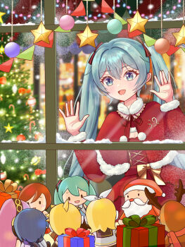 1girl absurdres aqua_eyes aqua_hair blush box capelet christmas christmas_tree commentary_request dress fur-trimmed_capelet fur-trimmed_dress fur-trimmed_sleeves fur_trim gift gift_box gold_bow hair_between_eyes hair_ornament hair_ribbon hat hatsune_miku highres kagamine_len kagamine_rin kaito_(vocaloid) long_hair looking_at_object maarin_(59567861) megurine_luka meiko_(vocaloid) open_mouth red_capelet red_dress ribbon santa_costume santa_dress santa_hat smile snow solo star_(symbol) star_hair_ornament very_long_hair vocaloid
