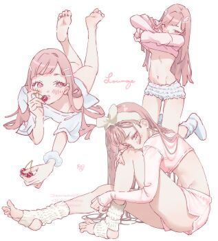 1girl ass barefoot bomhat bottomless breasts cherry clothes_lift feet feet_up food fruit hair_ornament hairclip highres holding holding_food knee_up lifting_own_clothes long_hair multiple_views navel pink_eyes pink_hair simple_background sitting soles stirrup_footwear tagme thighs toeless_legwear toes underboob white_background white_hair