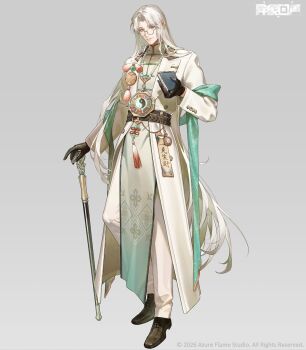 1boy bagua bead_necklace beads belt black_gloves black_shoes book brown_belt cane chinese_clothes closed_mouth coat commentary_request copyright_logo copyright_notice cuff_links curtained_hair dress_pants echoes_of_vision full_body glasses gloves gradient_clothes gradient_robe green_eyes green_robe green_shawl grey_background grey_robe hato_(dovecot) highres holding holding_book holding_cane jewelry lapel_pin lapels logo long_hair long_sleeves looking_at_viewer necklace official_art open_clothes open_coat oxfords pants parted_bangs patterned_clothing peaked_lapels pelvic_curtain pendant pocket_watch robe round_eyewear semi-rimless_eyewear shawl shoes simple_background smile solo standing tachi-e talisman tangzhuang tassel trigram under-rim_eyewear very_long_hair watch white_coat white_hair white_pants xieqi_(echoes_of_vision) yin_yang yin_yang_print