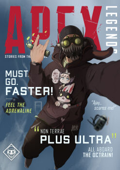 1boy \n/ animal_hood apex_legends backpack bag black_headwear black_hoodie black_pants blurry blurry_background cloud commentary copyright_name cover english_commentary english_text fake_magazine_cover falling goblin_(titanfall) goggles green_shirt grey_shoes highres holding hood hood_down hoodie ifragmentix liquid magazine_cover mask mouth_mask octane_(apex_legends) pants rabbit rabbit_hood shirt shoes sky smartwatch sneakers solo sweatpants watch wattson_(apex_legends) wristwatch
