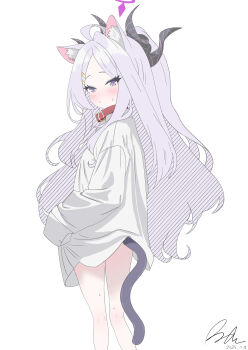 1girl absurdres ahoge animal_ears blue_archive breasts halo highres hina_(blue_archive) long_hair looking_at_viewer purple_eyes runarie simple_background small_breasts solo tail white_background white_hair