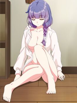 Rule 34 | 1girl, against wall, android wa keiken ninzuu ni hairimasu ka??, anime screenshot, barefoot, blue hair, breasts, convenient censoring, feet, large breasts, nadeshiko (android wa keiken ninzuu ni hairimasu ka??), naked shirt, open clothes, open shirt, shirt, sitting, sleeping, stitched, thighs, third-party edit, unconscious