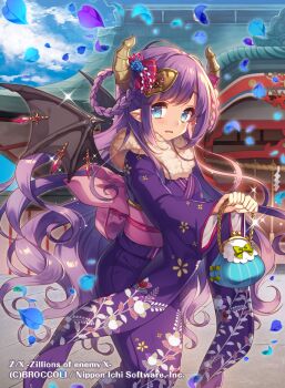Rule 34 | 1girl, bag, blue eyes, blue petals, braid, braided hair rings, brown horns, copyright notice, demon girl, demon horns, demon wings, floral print, floral print kimono, fur-trimmed kimono, fur trim, hair ornament, hair rings, holding, holding bag, horns, japanese clothes, kimono, long hair, masaru.jp, official art, open mouth, outdoors, petals, pointy ears, print kimono, purple hair, purple kimono, solo, sparkle, ugly (z/x), wings, z/x