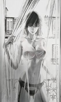 1girl bra breasts cleavage curtains female_focus fubuki_(one-punch_man) garter_belt garter_straps highres looking_at_viewer monochrome murata_yuusuke nipples nude nude_filter_request one-punch_man smile solo third-party_edit underwear