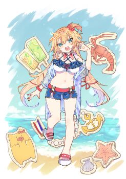 Rule 34 | 1girl, :d, akai haato, beach, bikini, blonde hair, blue shorts, blue sky, blush stickers, breasts, clam shell, cleavage, commentary, day, full body, green eyes, hair ribbon, hand up, highres, hololive, large breasts, long hair, looking at viewer, navel, notamaru 2, ocean, one side up, open mouth, outdoors, red ribbon, ribbon, sandals, shorts, sky, smile, solo, standing, standing on one leg, starfish, swimsuit, virtual youtuber, white bikini, white sandals