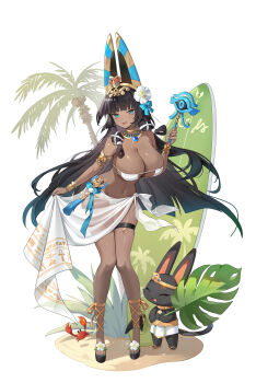 1girl absurdres ancient_egyptian aqua_eyes armlet bikini black_hair bracelet breasts cat commentary_request crab dark-skinned_female dark_skin eye_of_horus flower hair_flower hair_ornament hieroglyphics highres jewelry large_breasts long_hair looking_at_viewer marinette nail_polish navel original palm_tree sandals scarab see-through_clothes solo swimsuit thigh_strap toenail_polish toenails tree uraeus usekh_collar very_long_hair white_bikini