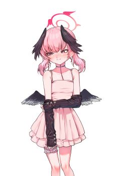 1girl absurdres black_sleeves black_wings blue_archive blush detached_sleeves dress feathered_wings flat_chest frilled_thigh_strap halo head_wings highres kghazir koharu_(blue_archive) looking_to_the_side low_wings pink_dress pink_eyes pink_hair pink_halo short_dress sleeveless sleeveless_dress solo thigh_strap twintails winged_halo wings
