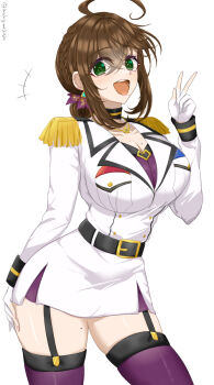Rule 34 | 1girl, ahoge, black choker, blush, breast pocket, breasts, brown hair, chamumi (mochiumee), choker, epaulettes, female admiral (kancolle), folded ponytail, garter belt, gloves, green eyes, hand on own hip, highres, jacket, jewelry, kantai collection, large breasts, looking at viewer, military jacket, miniskirt, mole, mole on breast, mole under mouth, necklace, open mouth, pencil skirt, pocket, simple background, skirt, smile, solo, thighhighs, v, white background, white gloves, white jacket