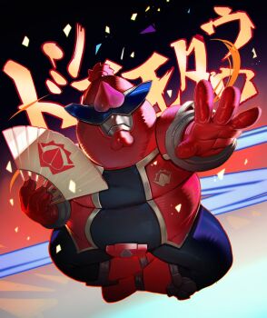 1boy avataro_sentai_donbrothers bodysuit confetti donmomotarou family_guy fat fat_man fusion hand_fan helmet highres holding holding_fan kowai_(iamkowai) peter_griffin red_bodysuit red_helmet solo super_sentai translation_request