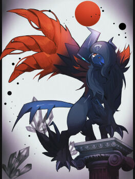 Rule 34 | absol, animal focus, asymmetrical horns, black fur, black hair, body fur, claws, column, commentary request, full moon, gen 3 pokemon, hair over one eye, highres, horns, mega absol z, mega pokemon, moon, nintendo, no humans, one eye covered, parted lips, pillar, pokemon, pokemon (creature), pokemon focus, red eyes, red moon, red wings, reo (mmocc123), solo, tail, uneven horns, wings