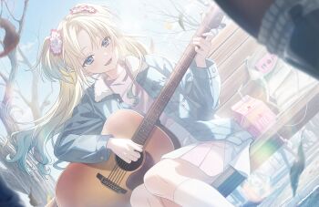 2girls acoustic_guitar bare_tree blonde_hair blue_hair blue_jacket curtained_hair dutch_angle earphones_removed echoes_beyond_(love_live!) fang flower fur-trimmed_jacket fur_trim game_cg gradient_hair guitar hair_flower hair_ornament highres instrument jacket kneehighs link!_like!_love_live! long_sleeves love_live! multicolored_hair multiple_girls music non-web_source official_art open_clothes open_jacket open_mouth osawa_rurino outdoors parted_bangs pink_flower pink_shirt pink_skirt playing_guitar playing_instrument pleated_skirt shirt sitting skirt socks solo_focus strawberry_milk tree twintails virtual_youtuber winter