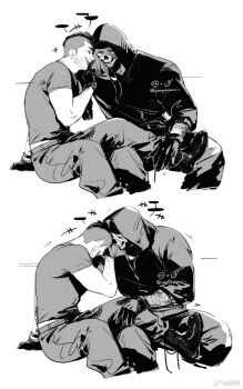 +++ 2boys arm_support arm_tattoo arm_up balaclava beard_stubble blank_speech_bubble boots call_of_duty call_of_duty:_modern_warfare_2 chanyuqianxin closed_eyes commentary cropped_legs english_commentary facial_hair ghost_(modern_warfare_2) gloves greyscale highres hood hood_up hoodie laughing male_focus mohawk monochrome multiple_boys multiple_views open_mouth pants sequential short_hair sitting smile soap_(modern_warfare_2) speech_bubble stubble tattoo teeth twitter_username unzipped white_background zipper