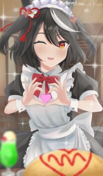 1girl ahoge animal_ears apron black_dress black_hair blush bow bowtie breasts commentary_request cup dress food hair_between_eyes heart heart_hands highres horse_ears horse_girl horse_tail ketchup kitasan_black_(umamusume) looking_at_viewer maid maid_apron maid_headdress multicolored_hair multiple_girls omelet omurice one_eye_closed open_mouth red_bow red_bowtie redbean_chan short_hair short_sleeves smile solo streaked_hair tail umamusume white_apron white_headdress white_wrist_cuffs wrist_cuffs