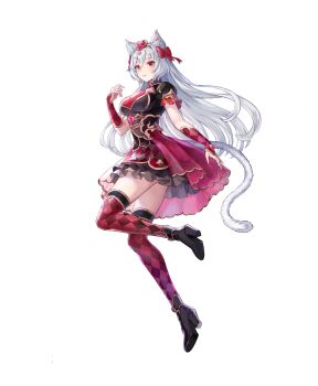 1girl animal_ear_fluff animal_ears argyle_clothes argyle_dress argyle_thighhighs artist_request black_dress black_shoes bow breasts cat_ears cat_girl cat_tail commentary commentary_request dress english_commentary full_body gem gold_trim grey_hair hair_ribbon heart-shaped_gem high_heels highres king&#039;s_raid kirze korean_commentary layered_dress long_hair medium_breasts mixed-language_commentary multicolored_dress official_alternate_costume official_art pink_gemstone puffy_short_sleeves puffy_sleeves red_bow red_dress red_eyes red_ribbon red_thighhighs ribbon second-party_source see-through_dress_layer shoes short_dress short_sleeves simple_background solo tail thighhighs tiara white_background zettai_ryouiki