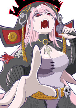 1girl absurdres black_shrug breasts cleavage commentary_request fangs foreshortening hat highres holding holding_microphone hololive hololive_english large_breasts long_hair microphone mori_calliope open_mouth patchwork_clothes pink_hair red_eyes shiokami shrug_(clothing) solo upper_body very_long_hair virtual_youtuber