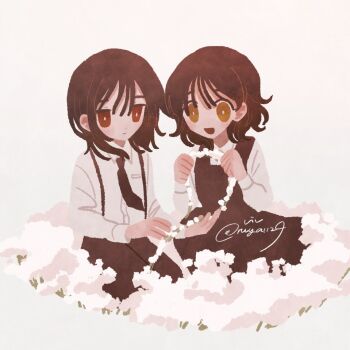 1boy 1girl :d aged_down black_dress black_hair black_necktie black_pants brother_and_sister collared_shirt commentary_request dress dress_shirt expressionless floral_chain flower formal_clothes happy long_sleeves necktie open_mouth pants red_eyes ruuya1124 saihate_eki shirt short_hair siblings sitting smile tatsunami_shion tenjiku_aoi twins white_shirt yellow_eyes