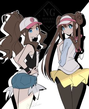 2girls baseball_cap black_vest commentary_request cutoffs denim denim_shorts exposed_pocket hat high_ponytail highres hilda_(pokemon) multiple_girls nintendo open_clothes open_vest poke_ball_print pokemon pokemon_black_2_and_white_2 pokemon_black_and_white ponytail rosa_(pokemon) shorts vest wakuno_lemon wristband