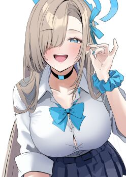 1girl absurdres asuna_(blue_archive) asuna_(school_uniform)_(blue_archive) blonde_hair blue_archive blue_bow blue_bowtie blue_eyes blue_halo blue_skirt blush bow bowtie breasts choker collarbone commentary_request hair_over_one_eye hair_ribbon halo highres large_breasts long_hair looking_at_viewer nakano_kura official_alternate_costume open_mouth ribbon school_uniform scrunchie shirt skirt sleeves_rolled_up smile solo very_long_hair white_shirt wrist_scrunchie