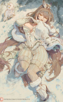 1girl bird boots breasts brown_hair cleavage cloak curvy cutesexyrobutts feather_hair_ornament feathers fur-trimmed_cloak fur_trim grey_scarf hair_ornament hair_spread_out high_heel_boots high_heels high_ponytail highres hololive hololive_english large_breasts long_hair long_sleeves looking_at_viewer lying nanashi_mumei on_back open_mouth owl pants ponytail scarf smile snow solo sweater thick_thighs thighhighs thighs very_long_hair virtual_youtuber white_boots white_cloak white_pants white_sweater white_thighhighs wide_hips yellow_eyes