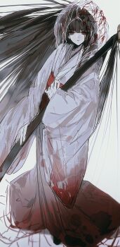 1girl anzekeye black_hair blood blood_on_clothes bridal_veil closed_mouth commentary_request highres holding holding_sheath holding_weapon hooded_kimono japanese_clothes kimono limbus_company long_hair long_sleeves looking_at_viewer project_moon red_eyes ryoshu_(project_moon) sheath sheathed shiromuku simple_background solo uchikake veil wataboushi weapon white_background white_kimono wide_sleeves