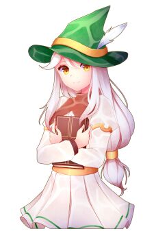 Rule 34 | 1girl, arcelle, belt, book, brown collar, collar, commentary, cowboy shot, dress, game master (ragnarok online), green hat, hat, hat feather, highres, holding, holding book, long hair, long sleeves, looking at viewer, low-tied long hair, ragnarok online, simple background, smile, solo, transparent background, white dress, white hair, witch hat, yellow belt, yellow eyes