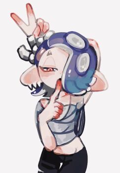 Rule 34 | 1girl, aluy01, blue hair, blush, capelet, chest sarashi, finger to mouth, grey background, hair over one eye, navel, nejiri hachimaki, nintendo, octoling, open mouth, sarashi, shiver (deep cut outfit) (splatoon), shiver (splatoon), solo, splatoon (series), splatoon 3, tentacle hair, v