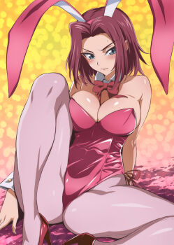 1girl animal_ears ass bare_shoulders blue_eyes blush bow bowtie breasts cleavage code_geass detached_collar fake_animal_ears highres kouzuki_kallen large_breasts leotard looking_at_viewer nakahira_guy official_alternate_costume pantyhose pink_bow pink_bowtie pink_pantyhose playboy_bunny rabbit_ears red_hair short_hair solo strapless strapless_leotard wrist_cuffs