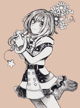 Rule 34 | belt, blush, closed mouth, commentary, destiny's embrace (kingdom hearts), dress, english commentary, eyelashes, flower, greyscale with colored background, hatching (texture), highres, holding, holding weapon, hood, hood down, kairi (kingdom hearts), keyblade, kingdom hearts, kingdom hearts iii, kuropin, monochrome, pink background, short hair, simple background, smile, solo, split mouth, standing, standing on one leg, star (symbol), weapon