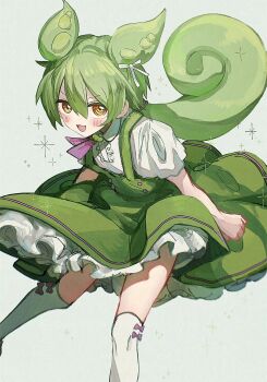 1girl artist_request dress green_dress green_hair highres looking_at_viewer ojou-sama_zundamon original solo sparkle tail thighhighs white_thighhighs zundamon