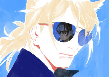 2boys animal_ears arknights blonde_hair blue-tinted_eyewear blue_background blue_shirt closed_mouth collared_shirt commentary english_commentary eyes_visible_through_eyewear frown highres horse_boy horse_ears hwei looking_at_viewer male_focus medium_hair mlynar_(arknights) multiple_boys parted_bangs pointy_ears reflective_eyewear shirt solo_focus sunglasses tinted_eyewear toland_cash_(arknights)