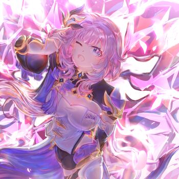 1girl ;o black_shorts blue_eyes breasts chinese_commentary cleavage commentary_request corset elysia_(honkai_impact) elysia_(miss_pink_elf)_(honkai_impact) hair_ornament highres honkai_(series) honkai_impact_3rd large_breasts long_hair ningjing_jingzi one_eye_closed pink_hair short_shorts shorts shrug_(clothing) solo very_long_hair white_corset