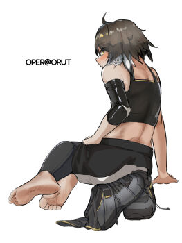 Rule 34 | 1girl, absurdres, arknights, barefoot, blush, brown hair, feet, highres, looking at viewer, looking back, medium hair, operatorut, plume (arknights), shoes, smile, socks, soles, toes, unworn shoes, unworn socks, white background, yellow eyes