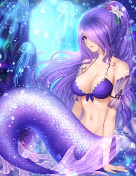 1girl alternate_hairstyle artist_name bikini bikini_top_only breasts camilla_(fire_emblem) cleavage closed_mouth fire_emblem fire_emblem_fates fire_emblem_heroes flower gigamessy hair_flower hair_ornament hair_over_one_eye highres jellyfish large_breasts long_hair looking_at_viewer mermaid monster_girl monsterification navel nintendo official_alternate_costume ponytail purple_bikini purple_eyes purple_hair purple_scales purple_tail scales sitting solo stomach swimsuit underwater very_long_hair watermark wavy_hair