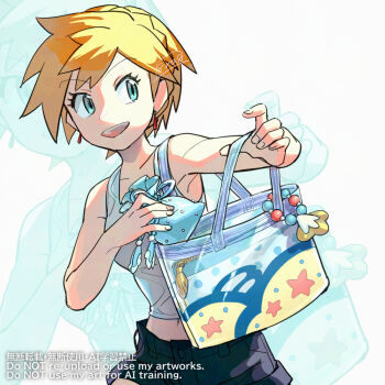 1girl :d aqua_eyes bag black_shorts blonde_hair collarbone eyelashes happy haraya holding_strap looking_to_the_side misty_(pokemon) mixed-language_commentary nintendo open_mouth pokemon pokemon_masters_ex shirt short_hair short_shorts shorts signature sleeveless sleeveless_shirt smile solo teeth upper_teeth_only watermark