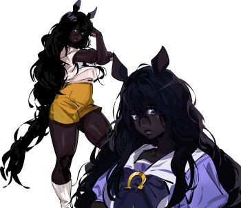 1girl animal_ears ankle_socks black_hair blue_bow blue_bowtie blue_shirt bow bowtie breasts brooch closed_mouth commentary dark-skinned_female dark_skin english_commentary expressionless friesian_horse_girl hair_between_eyes happy high-waist_shorts highres horse_ears horse_girl horse_tail horseshoe_ornament jewelry large_breasts light-skinned_palms light_blush long_hair long_hair_between_eyes multiple_views original pdvl puffy_short_sleeves puffy_sleeves purple_eyes sailor_collar school_uniform shirt short_shorts short_sleeves shorts sidelocks simple_background socks sportswear standing stretching striped_clothes striped_socks t-shirt tail thick_lips tracen_school_uniform two-tone_shirt umamusume vertical-striped_clothes vertical-striped_socks very_dark_skin very_long_hair wavy_hair white_background white_sailor_collar white_shirt white_socks yellow_shorts