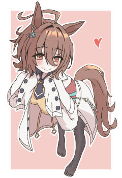 1girl agnes_tachyon_(tach-nology)_(umamusume) agnes_tachyon_(umamusume) ahoge animal_ears ayo5108 black_pantyhose black_shirt blush border breasts brown_background brown_eyes brown_hair brown_sweater closed_mouth collared_shirt commentary english_commentary full_body hair_intakes heart highres horse_ears horse_girl horse_tail lab_coat leaning_forward medium_breasts no_shoes open_clothes outline pantyhose shirt sleeves_past_fingers sleeves_past_wrists smile solo standing sweater tail umamusume white_border white_outline