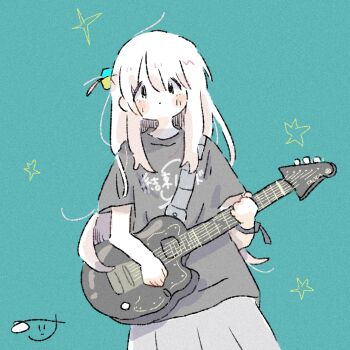 1girl :o bocchi_the_rock! gotoh_hitori guitar highres instrument looking_at_viewer nana163i pink_hair shy simple_background skirt solo