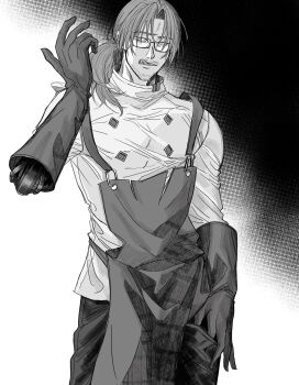 1boy absurdres alternate_costume amputee apron beard_stubble buttons cigarette cowboy_shot diamond_(shape) diamond_button double-breasted eyes_visible_through_hair facial_hair glasses gloves gradient_background gregor_(project_moon) grey_background greyscale hair_between_eyes hair_over_one_eye hair_over_shoulder halftone hand_on_own_thigh hand_up highres joints licking_lips limbus_company long_hair long_sleeves looking_to_the_side low_ponytail male_focus mechanical_arms monochrome official_alternate_costume pants parted_bangs parted_lips ponytail project_moon prosthesis prosthetic_arm r.b._(identity)_(project_moon) semi-rimless_eyewear shirt sideways_glance simple_background single_mechanical_arm solo standing stubble tongue tongue_out turtleneck turtleneck_shirt uibou00000 under-rim_eyewear upper_body white_background