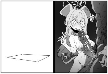 1boy 1girl ahoge animal_ears asahina_yoshitoshi blue_archive blush breasts completely_nude erection fang greyscale halo hetero highres inverted_nipples long_hair looking_at_penis mask_pull medium_breasts monochrome mouse_ears mouse_girl mouse_tail nude open_mouth paizuri penis penis_awe saya_(blue_archive) sweat tail uncensored veins veiny_penis