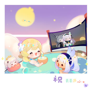 Rule 34 | 5girls, ^ ^, alternate costume, animal ears, bare shoulders, bikini, black bow, black capelet, black eyes, black hairband, black jacket, blue hairband, border, bow, bracelet, capelet, character request, chibi, chinese commentary, chinese text, closed eyes, closed mouth, cloud, coconut cup, commentary request, cowboy shot, dark-skinned female, dark skin, dress, drink, drinking straw, eyelashes, fireflies, flower, flower bracelet, full moon, genshin impact, green skirt, grey hair, hair bow, hair flower, hair ornament, hairband, halo, hands on another's hips, happy, highres, holding, holding drink, jacket, jewelry, kemonomimi mode, light blush, long hair, long sleeves, lumine (genshin impact), miniskirt, moon, mualani (genshin impact), multiple girls, open clothes, open jacket, open mouth, outdoors, outstretched arms, paimon (genshin impact), paimon (hot springs) (genshin impact), parody, ponytail, pool, purple sky, rabbit ears, raccoon ears, raccoon tail, short dress, shoulder tattoo, skirt, sky, smile, solid circle eyes, sparkle, sparkle hair ornament, swimsuit, tail, tattoo, titanic (movie), translation request, twintails, very long hair, white bikini, white border, white dress, white flower, xiao yanba, yellow halo