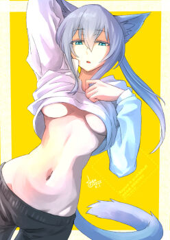 1girl animal_ears black_pants blue_hair breasts cat_ears cat_girl cat_tail clothes_lift commentary_request grey_hair highres kohei_painter looking_at_viewer navel no_bra open_mouth original pants shirt shirt_lift signature solo stomach stomach_day tail underboob white_shirt