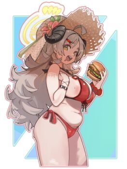 1girl absurdres ahoge areola_slip belly bikini blue_archive blush border breasts brown_eyes burger commentary_request cowboy_shot food grey_hair halo highres holding holding_burger holding_food izumi_(blue_archive) izumi_(swimsuit)_(blue_archive) korean_commentary large_breasts long_hair looking_at_viewer navel official_alternate_costume open_mouth outside_border plump red_bikini rehu_(astd5787) smile solo stomach swimsuit thighs white_border