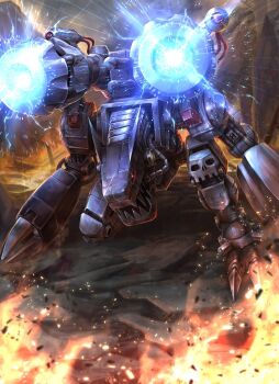 armor claws deadspike_nine digimon digimon_(creature) dragon glowing glowing_eyes highres horns mecha mugendramon no_humans non-humanoid_robot open_mouth red_eyes robot robot_dragon sharp_teeth shoulder_cannon solo standing tagme teeth weapon