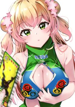 1girl 1other adjusting_clothes alternate_costume armpit_crease blonde_hair blurry blurry_foreground breasts card cleavage crossed_bangs double_bun dress green_eyes hair_bun halter_dress halterneck highres holding holding_card hololive large_breasts long_hair looking_at_viewer momosuzu_nene mushiking nervous_sweating open_mouth print_dress sega sidelocks simple_background sleeveless sleeveless_dress sweat two_side_up virtual_youtuber white_hair yro_(user_hwfa3732)