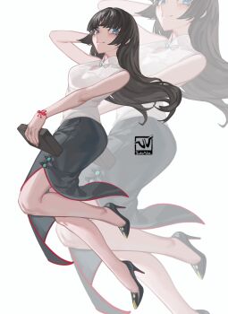 1girl absurdres arm_up artist_logo artist_name artist_self-insert bare_legs black_hair black_shoes black_skirt blue_eyes blunt_bangs blush breasts closed_mouth commentary english_commentary eyelashes full_body high_heels highres holding legs logo long_hair looking_at_viewer original shirt shoes side_slit simple_background skirt sleeveless sleeveless_shirt small_breasts solo stiletto_heels toe_cleavage white_shirt yukiale zoom_layer